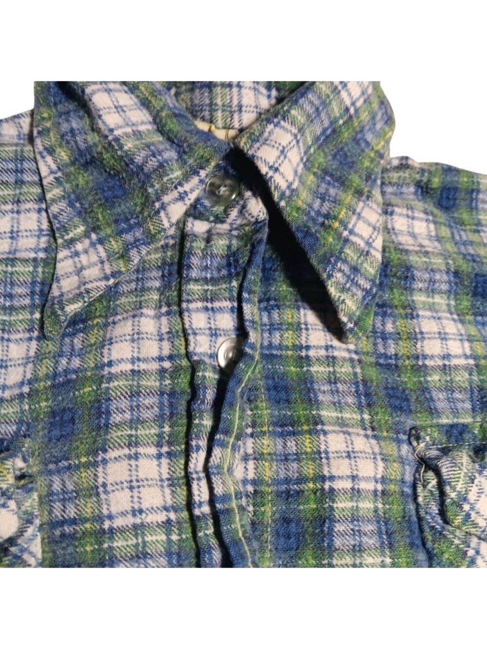 10 Vintage 1970's Girls Shirt BLUE/GREEN COTTON FLANNEL HAPPINESS IS Hippy Top